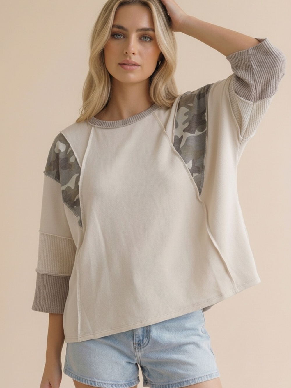 Cream Camo-Accent Women's Pullover Top